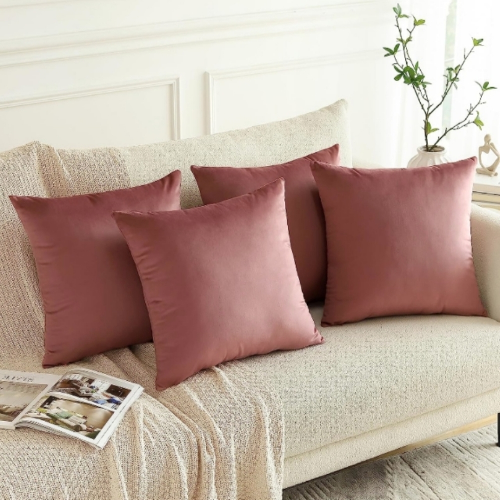 Set of 4 Rosy Mauve Soft Velvet Throw Pillow Covers 18 Inch Square Zipper Pink